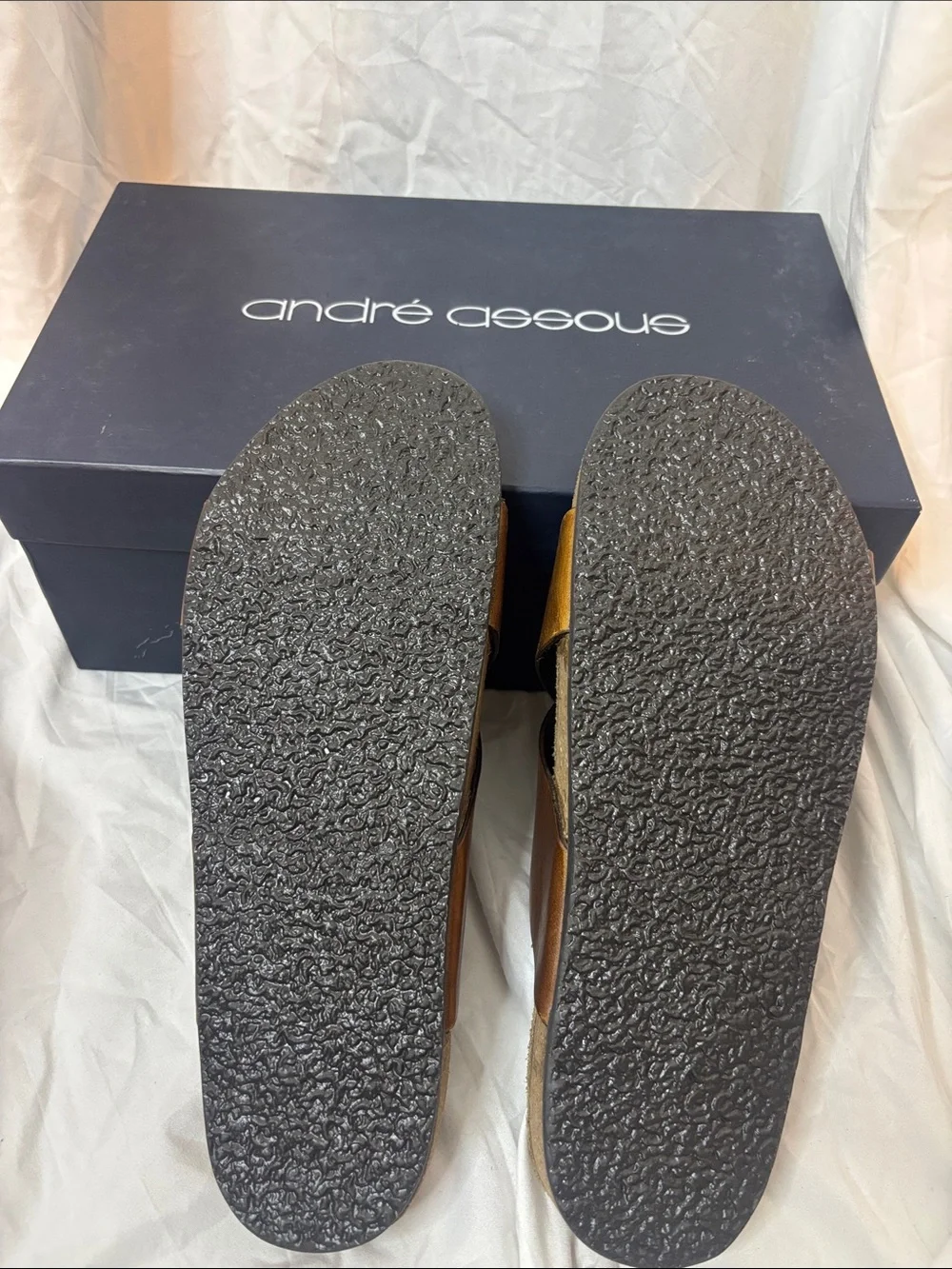Andre Assous Brown Leather Crisscross Slide Sandals